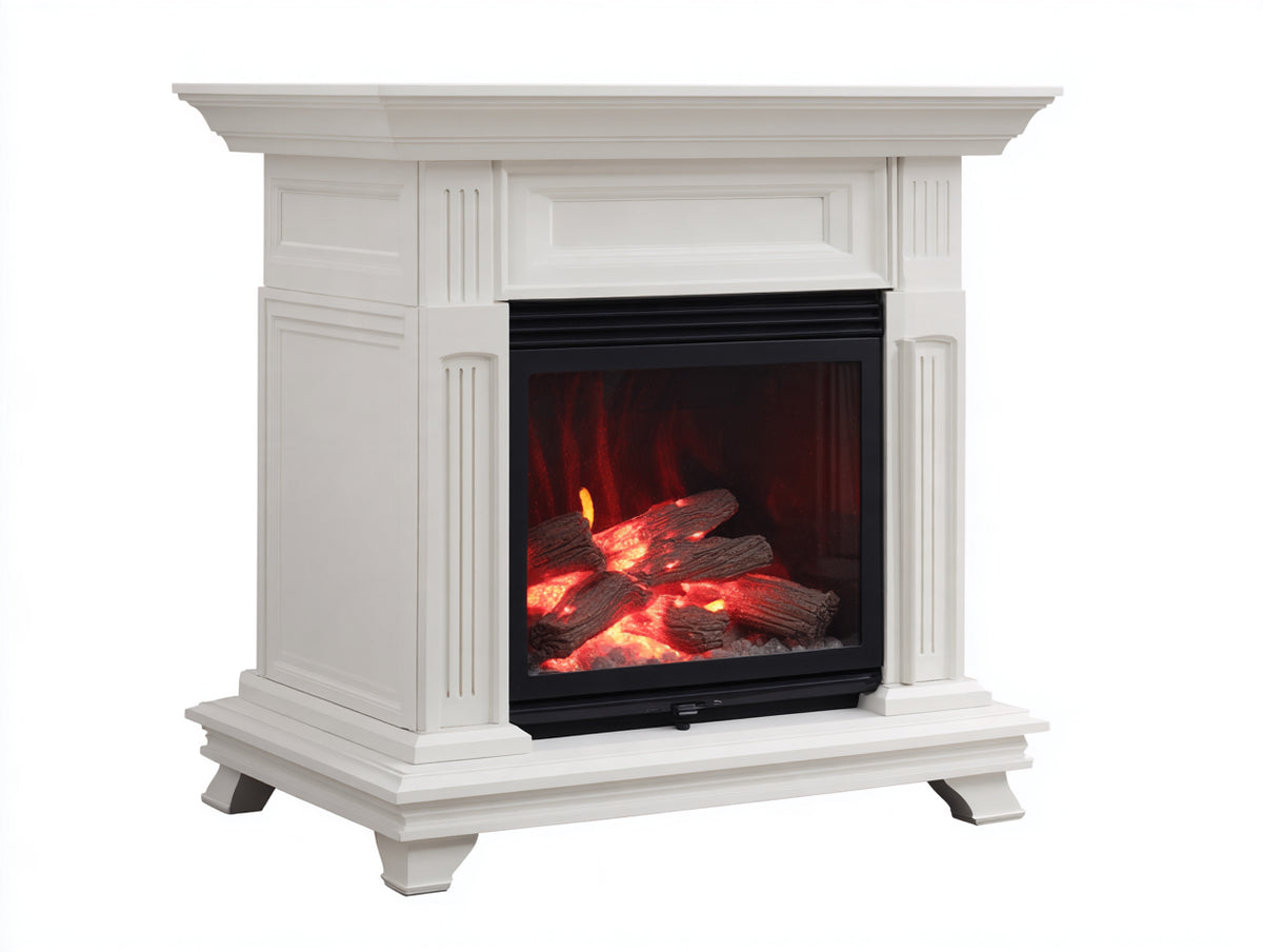 Cheminée électrique - bois-verre - 112 x 38 x 110 cm - blanc-noir - style classique sur pieds