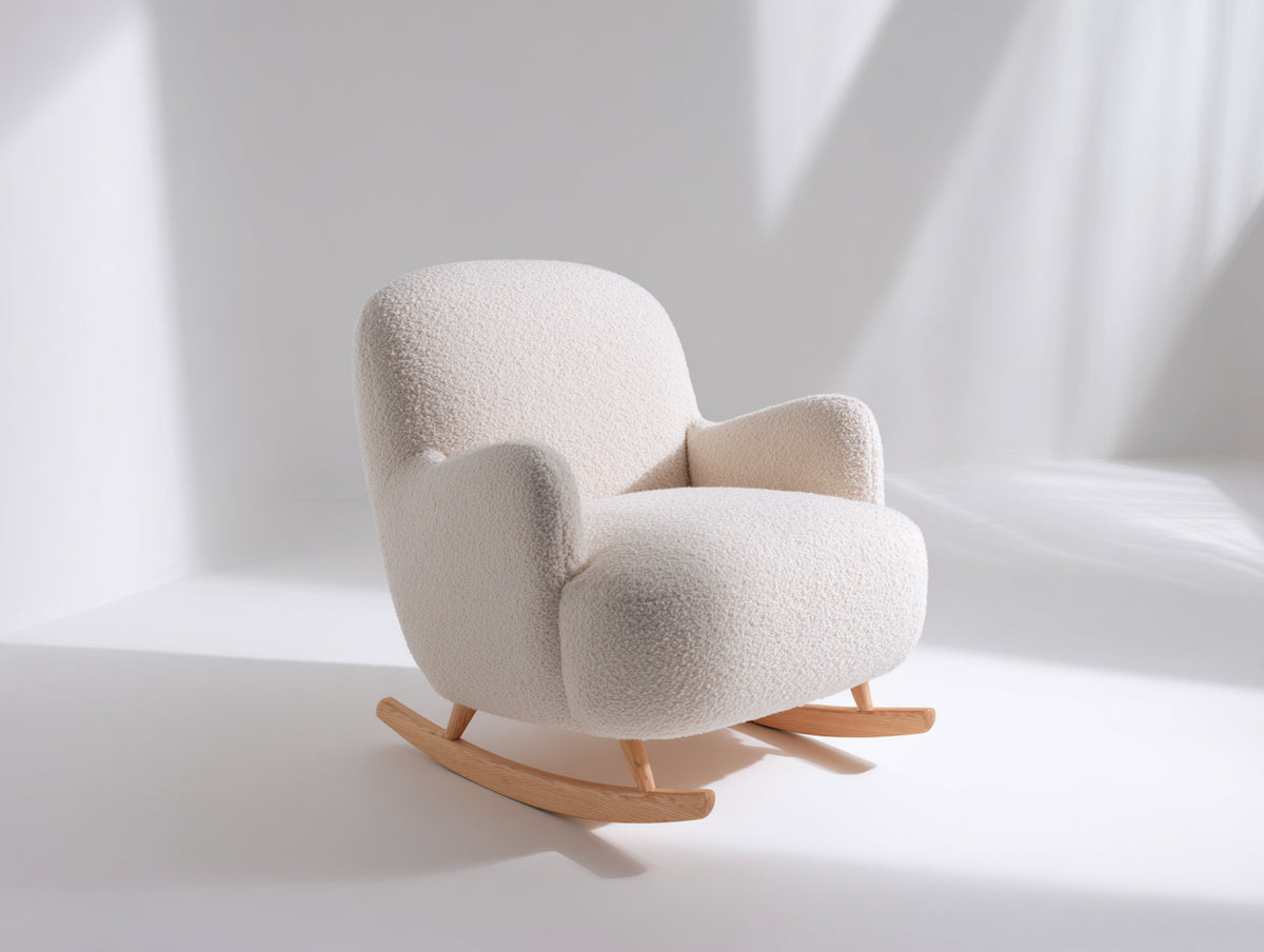 Fauteuil à bascule - tissu bouclé-bois - 78 x 84 x 88 cm - blanc cassé-bois naturel - style moderne enveloppant