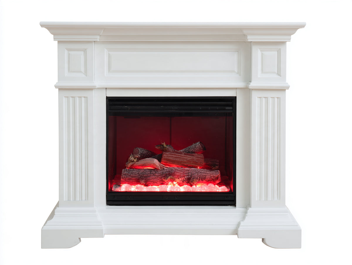 Cheminée électrique - bois - 114 x 34 x 103 cm - blanc-noir - style classique à panneaux cannelés