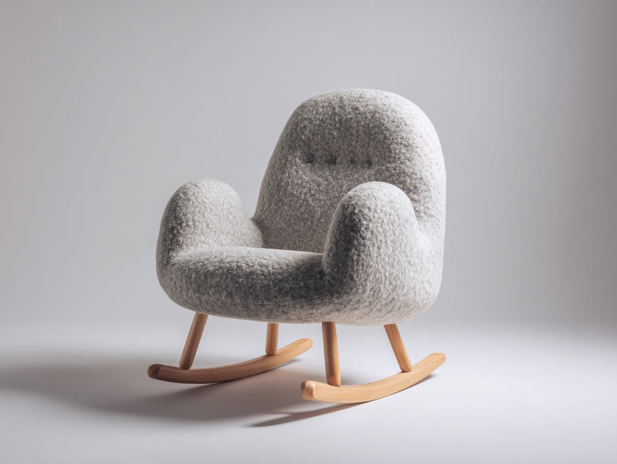 Fauteuil à bascule - tissu bouclé-bois - 76 x 82 x 90 cm - gris clair-bois naturel - style contemporain organique